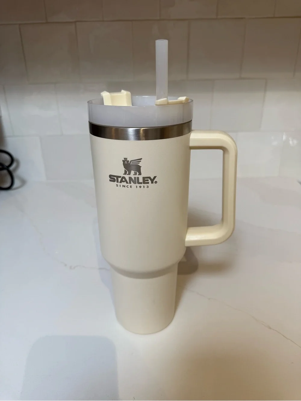 Stanley Cream Insulated Travel Tumbler with Handle and Straw